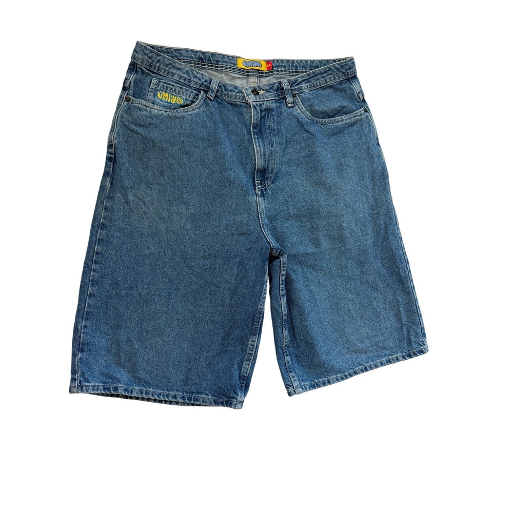 Empyre Mens Baggy Denim Skate Shorts Blue Embroidered Cat Graffiti Size 34